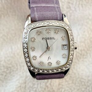 Fossil F2 abalone CZ encrusted face watch purple genuine embossed leather band